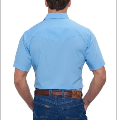 Mens Pearl Snap Lt.Blue Short Sleeve Western Shirt <ul> <li>65% poly, 35% Cotton</li> <li>Pearl Snaps</li> <li><strong>Small to 3XL REG & TALL</strong></li> </ul> •