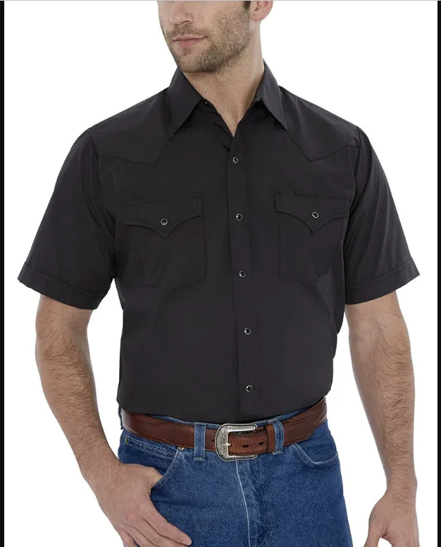 A cowboy in a black short-sleeve shirt.