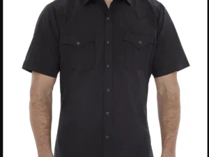 A cowboy in a black short sleeve shirt image.
