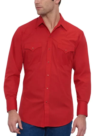 <div class="qsc-html-content"> Mens longsleve RED Western Shirt <ul> <li>Snap front and sleeve cuffs</li> <li>65% Poly, 35% Cotton</li> <li>MED -5XL</li> </ul> </div> •
