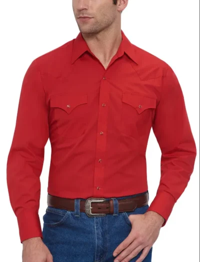 <div class="qsc-html-content"> Mens longsleve RED Western Shirt <ul> <li>Snap front and sleeve cuffs</li> <li>65% Poly, 35% Cotton</li> <li>MED -5XL</li> </ul> </div> •