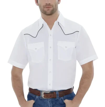 <div class="qsc-html-content"> Mens Short Sleeve Black Piped White Western Shirt <ul> <li>pearl snaps</li> <li>black piping</li> <li>35% Cotton 65% polyester</li> <li>Sizes: MED to 2XL</li> </ul> </div> •