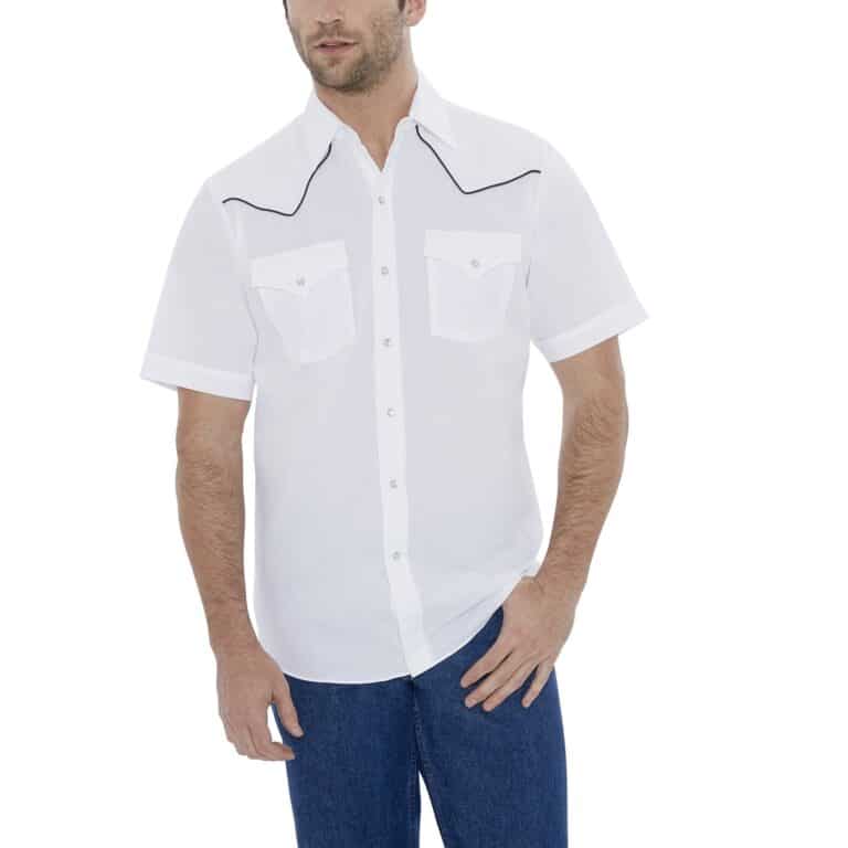 Mens Ely Short Sleeve Black Piped White Western Shirt