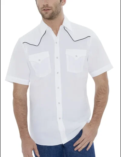 <div class="qsc-html-content"> Mens Short Sleeve Black Piped White Western Shirt <ul> <li>pearl snaps</li> <li>black piping</li> <li>35% Cotton 65% polyester</li> <li>Sizes: MED to 2XL</li> </ul> </div> •