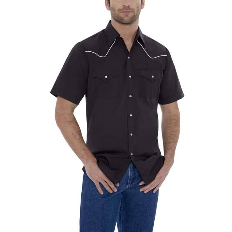 Mens Ely Short Sleeve White Piped Black Western Shirt