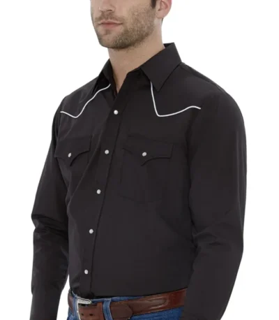 <div class="qsc-html-content"> Mens Ely Pearl snap White piped Black Western Shirt <ul> <li>Pearl Snap</li> <li>65% Polyester, 35% Cotton</li> <li>Ely Walker Brand</li> <li>Small to 4XL</li> </ul> </div> •