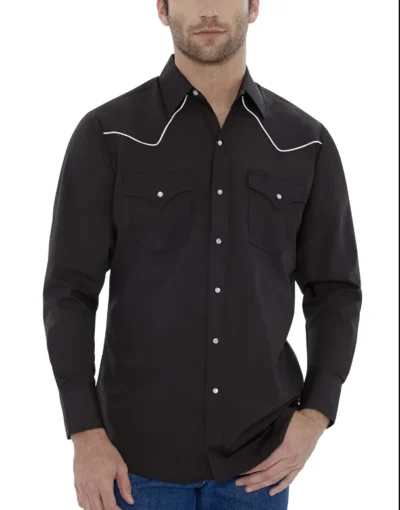 <div class="qsc-html-content"> Mens Ely Pearl snap White piped Black Western Shirt <ul> <li>Pearl Snap</li> <li>65% Polyester, 35% Cotton</li> <li>Ely Walker Brand</li> <li>Small to 4XL</li> </ul> </div> •