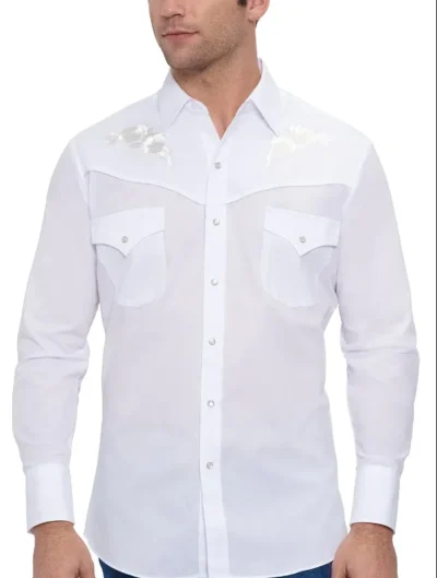 Men's White Rose Embroidered White Western Shirt <ul style="list-style: square inside none;"> <li>65% poly, 35% Cotton</li> <li>S- 2XL</li> <li>MATCHING WESTERN SHIRTS</li> </ul> •