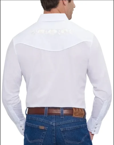 Men's White Rose Embroidered White Western Shirt <ul style="list-style: square inside none;"> <li>65% poly, 35% Cotton</li> <li>S- 2XL</li> <li>MATCHING WESTERN SHIRTS</li> </ul> •