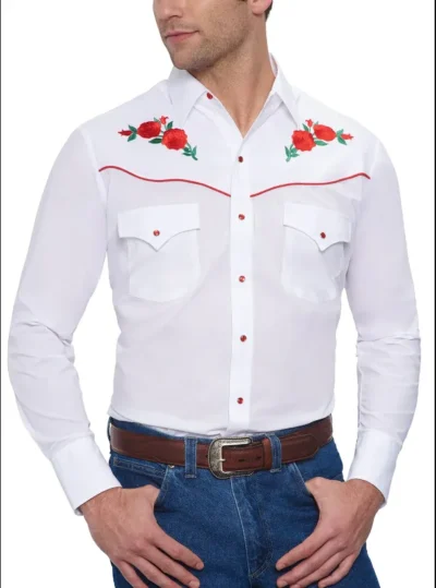 Mens Red Rose Embroidered White Western Shirt <ul style="list-style: square inside none;"> <li>65% poly, 35% Cotton</li> <li>S- 2XL</li> <li>MATCHING WESTERN SHIRTS</li> </ul> •