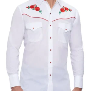 White western shirt with red floral embroidery.