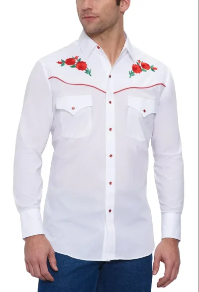 Mens Red Rose Embroidered White Western Shirt <ul style="list-style: square inside none;"> <li>65% poly, 35% Cotton</li> <li>S- 2XL</li> <li>MATCHING WESTERN SHIRTS</li> </ul> •