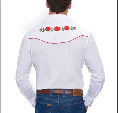 Mens Red Rose Embroidered White Western Shirt <ul style="list-style: square inside none;"> <li>65% poly, 35% Cotton</li> <li>S- 2XL</li> <li>MATCHING WESTERN SHIRTS</li> </ul> •