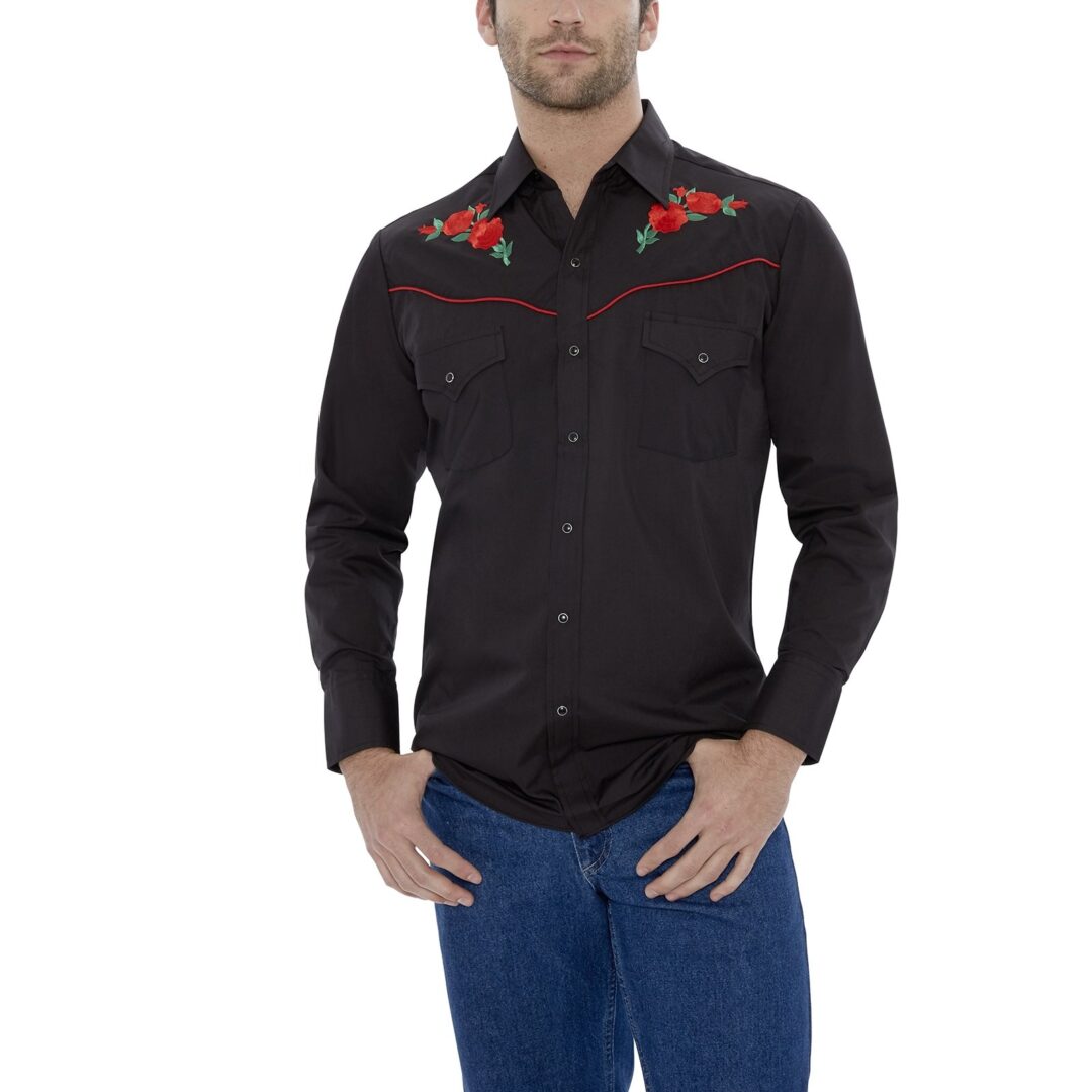 Red Piped Red Rose Mens Black Western Shirt • The Wild Cowboy