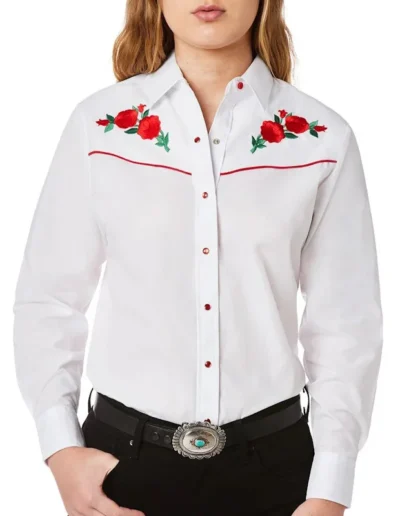 Red Piped Red Rose Womens white Western Shirt.