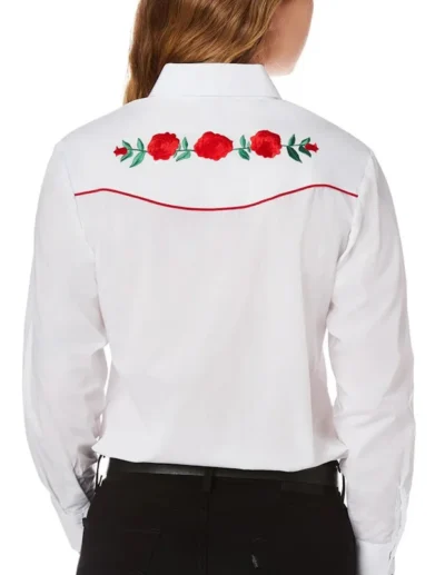 Red Piped Red Rose Womens white Western Shirt.