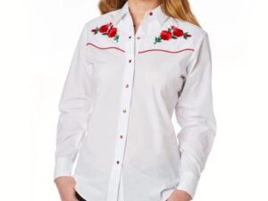A woman wearing a Red Piped Red Rose Womens white Western Shirt.