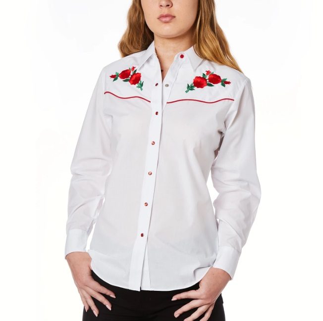 A woman wearing a Red Piped Red Rose Womens white Western Shirt.