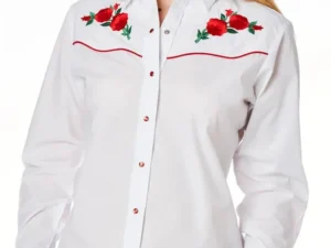 Red Piped Red Rose Womens white Western Shirt.