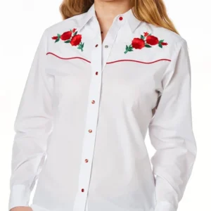 Red Piped Red Rose Womens white Western Shirt.
