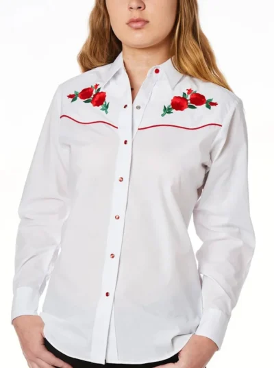 Red Piped Red Rose Womens white Western Shirt.