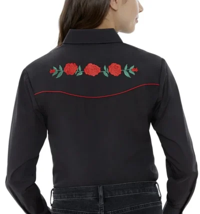 Red Piped Red Rose Womens black Western Shirt.