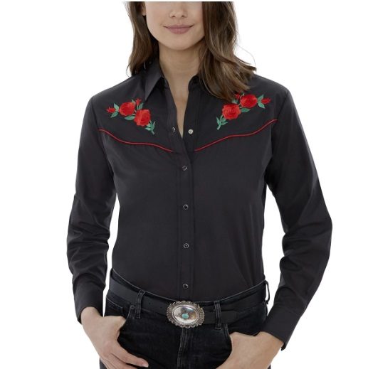 A woman wearing a Red Piped Red Rose Womens Black Western Shirt.