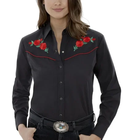 Red Piped Red Rose Womens black Western Shirt.