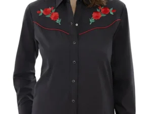 Red Piped Red Rose Womens black Western Shirt.