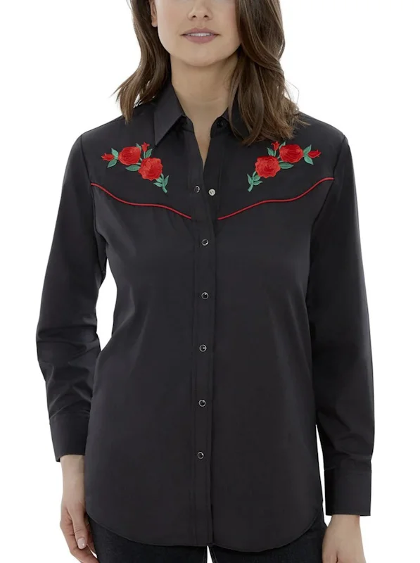 Red Piped Red Rose Womens black Western Shirt.