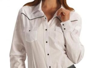 A woman is posing in a Womens Black Piped White Retro Western Shirt.