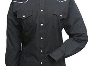 A Womens Ely White Piped Black Western Shirt with white stitching.