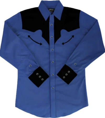 <div class="qsc-html-content"> Men's Two Tone Royal Blue and Black Retro Piped Western Shirt <ul> <li>Pearl Snaps</li> <li>Button down</li> <li>65% Poly,35% Cotton</li> <li>SMALL to 2XL</li> </ul> </div>   •