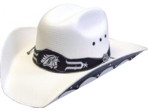 A Kids Silverton Straw Horse Patch Cowboy Hat with a black and white band.