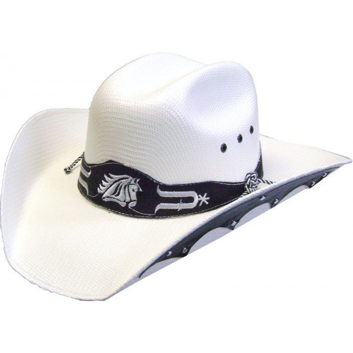 A Kids Silverton Straw Horse Patch Cowboy Hat with a black and white band.