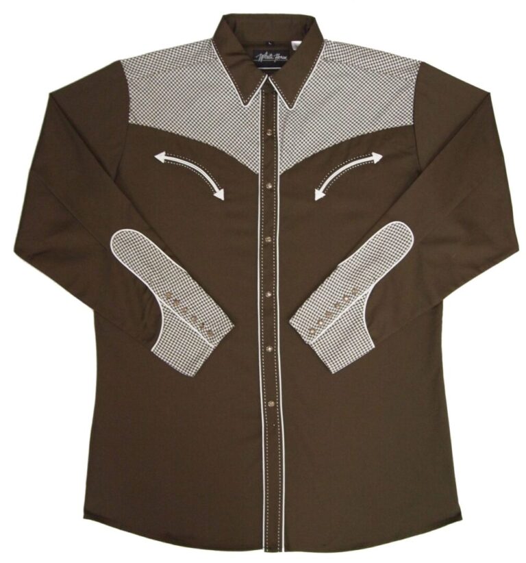 A men's brown two tone checked piped western shirt with white and black stripes.