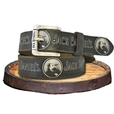 Jack daniels black leather logo belt with silver buckle