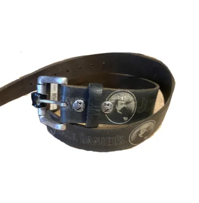 Jack daniels black leather logo belt with silver buckle