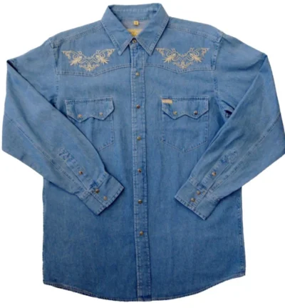 Mens Embroidered Denim Western Shirt * 100% Cotton Denim * PRE-SHRUNK * Sawtooth pockets * Size: M - 2XL •
