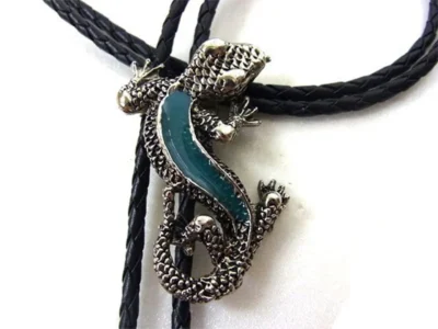Lizard bolo tie on black string with silver ends