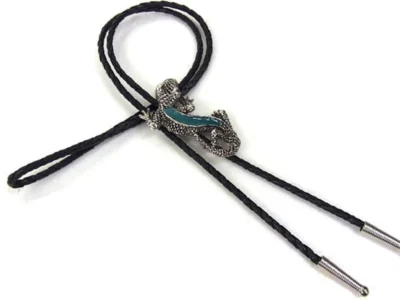 Lizard bolo tie on black string with silver ends