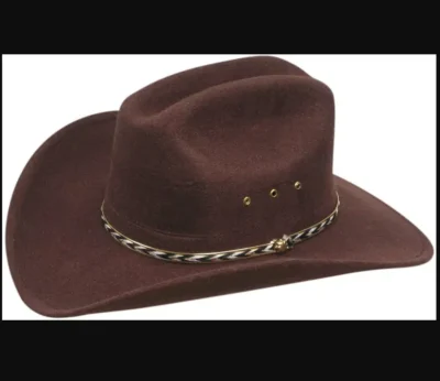 Traditional Cattleman crown cowboy hat in brown felt imitation wool.  Maintains its shape. •