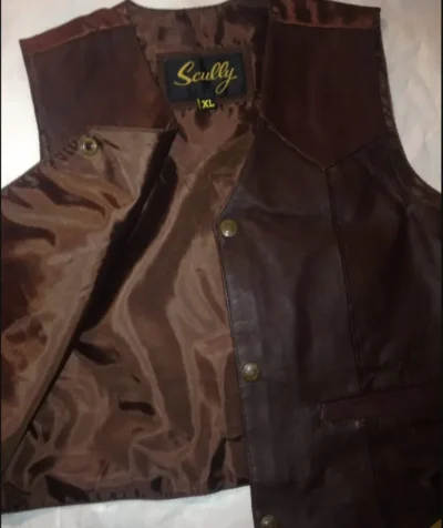 <div class="qsc-html-content"> Scully Kids Brown Lambskin leather Cowboy vest <ul> <li><strong>LAMBSKIN LEATHER</strong></li> <li>Frontal Leather, Back is satin</li> <li>Metal Snap front</li> <li>XS - XL</li> </ul> </div> •