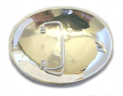 A 3.5" Sterling Silver Oval Western Belt buckle with a handle on it.