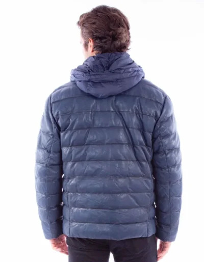 Mens blue Leather Ribbed Puffer Jacket