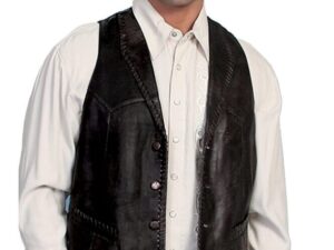 A man wearing a Trailrider Mens Scully Lambskin black whip stitch vest.