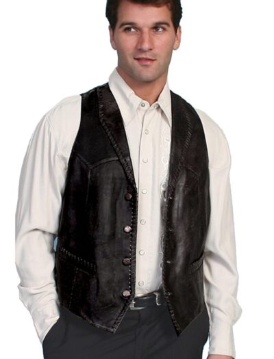 A man wearing a Trailrider Mens Scully Lambskin black whip stitch vest.