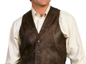 A "Trailrider" mens Scully whip stitch western vest in brown leather.