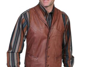A man wearing a Trailrider Mens Scully Ranch Tan whipstitch leather Lapel vest and striped shirt.