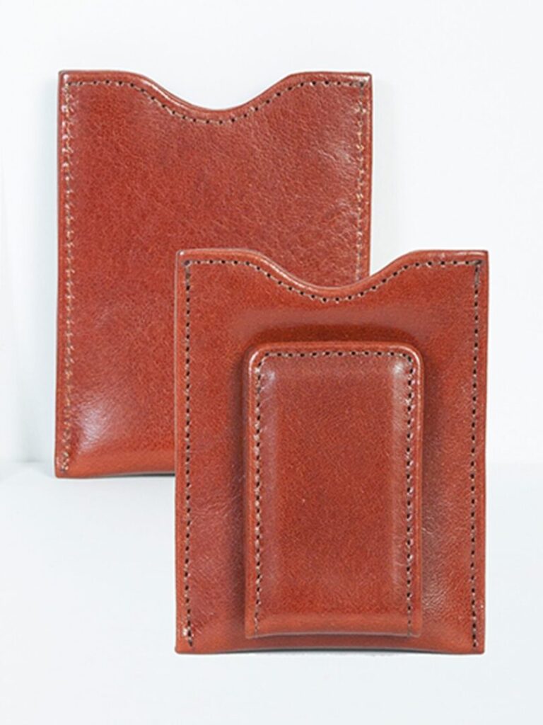 Two Scully Brown Italian leather magnetic money clips on a white surface.